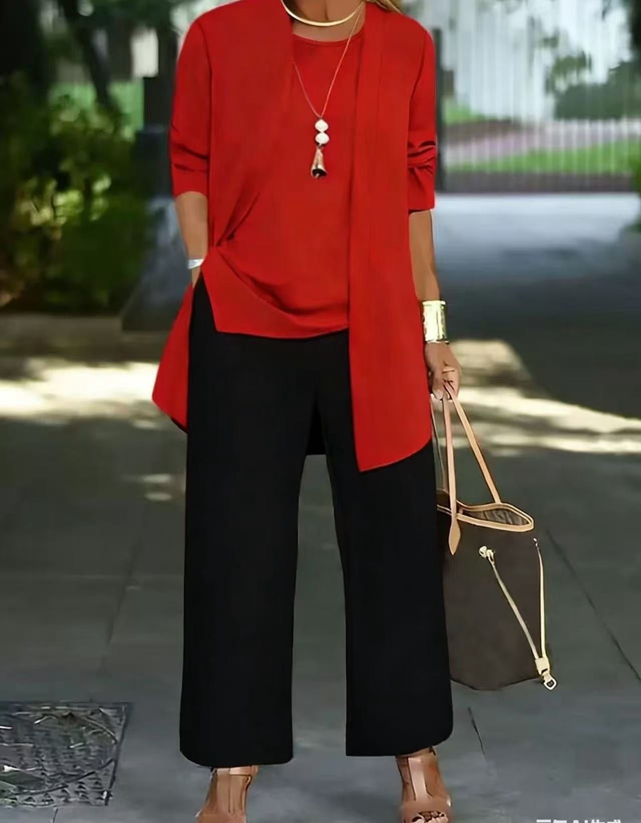 Women's Solid Color Casual Pants Suit - Three-Piece Set Top and Pants