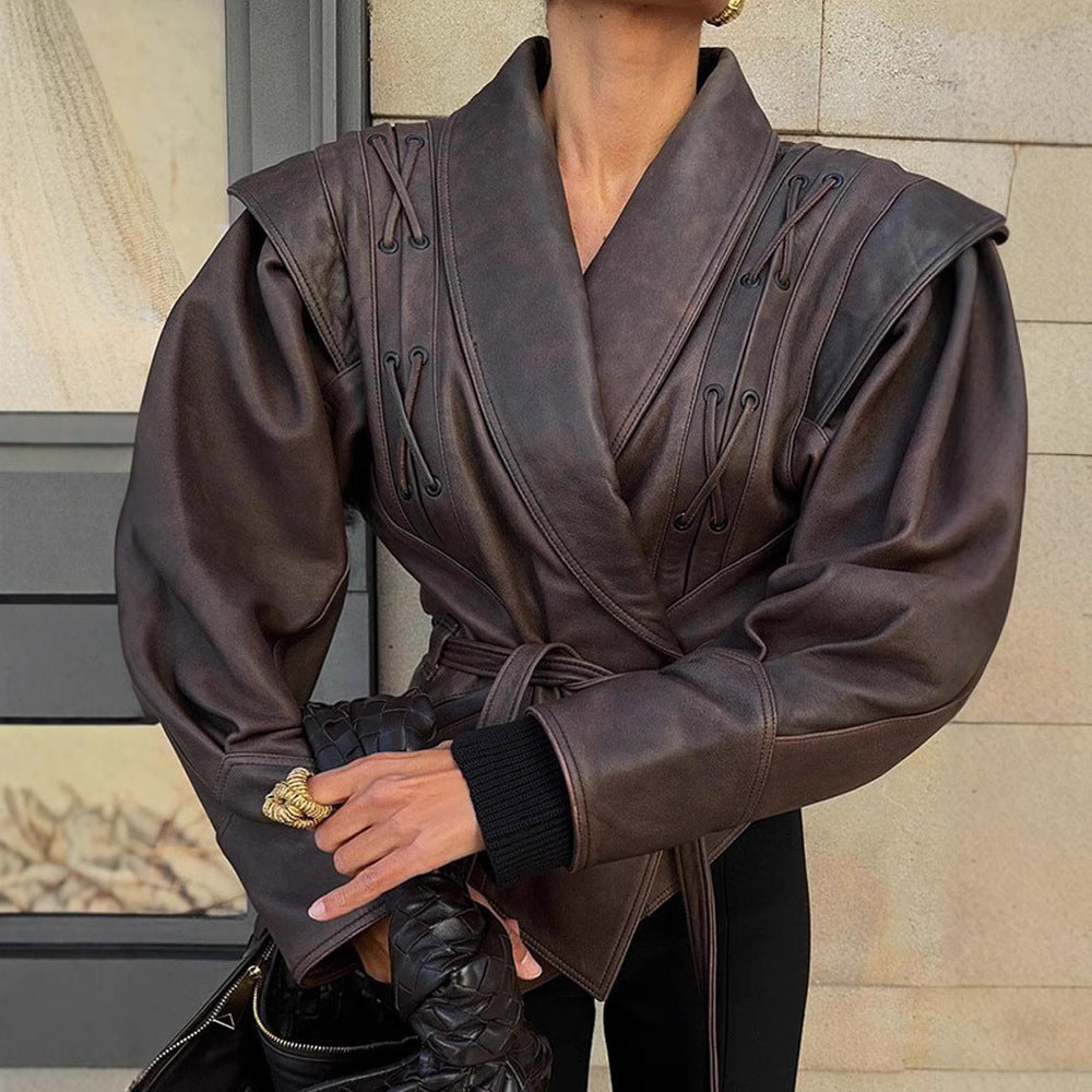 Lace-up short leather jacket coat