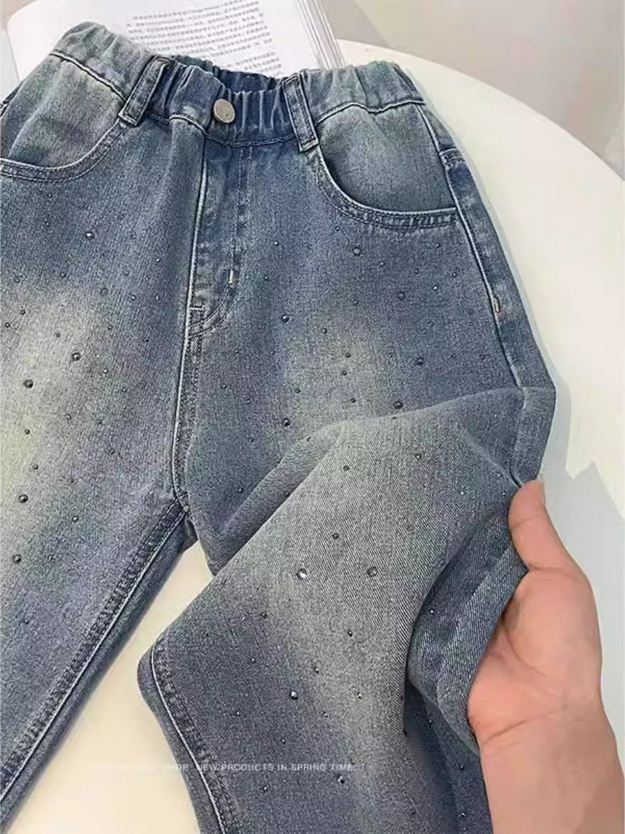 Girls' Rhinestone Wide Leg Denim Pants