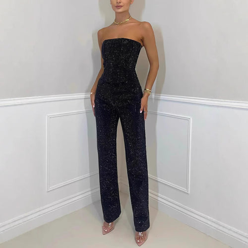 Off-the-shoulder shiny vest and diamond trousers
