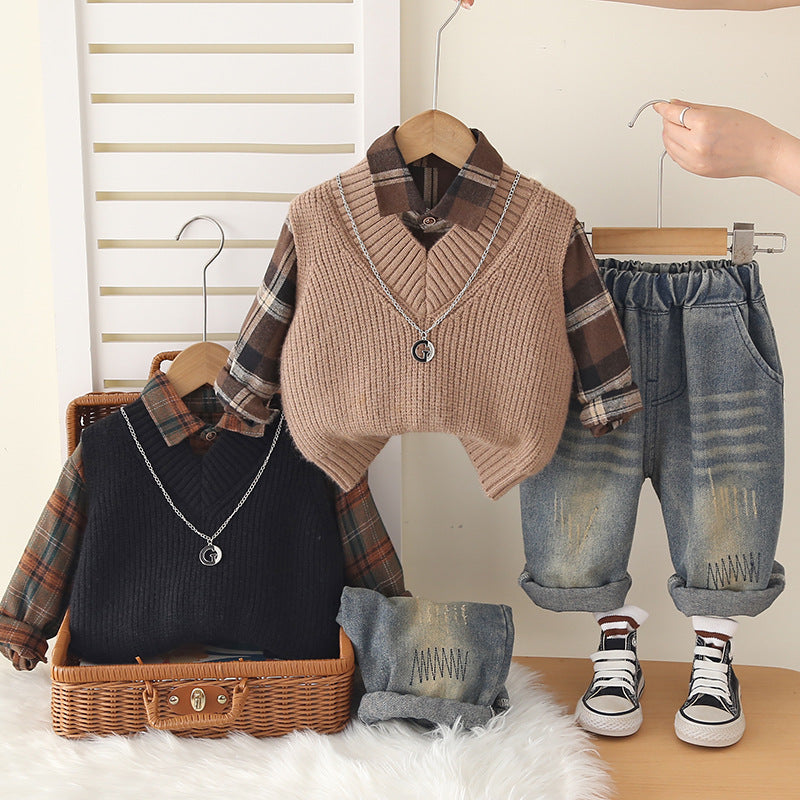 Boys' Plaid Shirt Vest Trousers Set