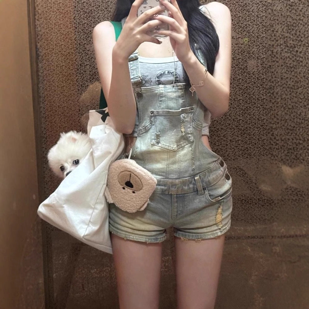 Women's denim overall shorts