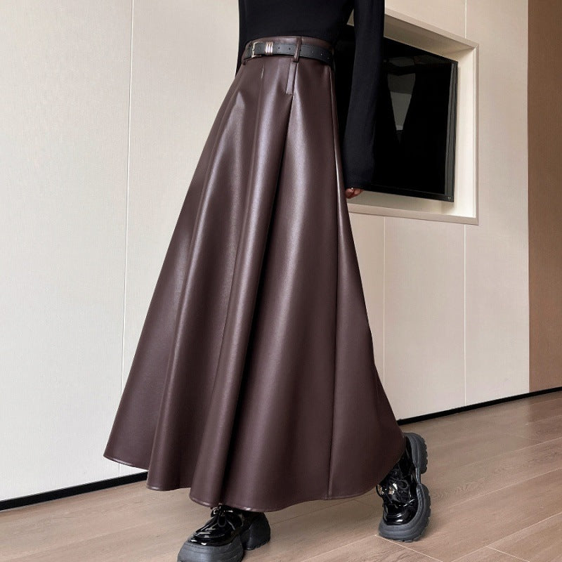 Women's High Waist PU Leather A-Line Skirt