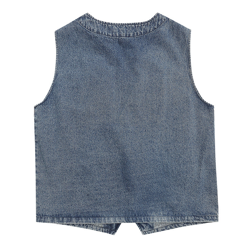 Unisex Denim Vest with Floral Embroidery