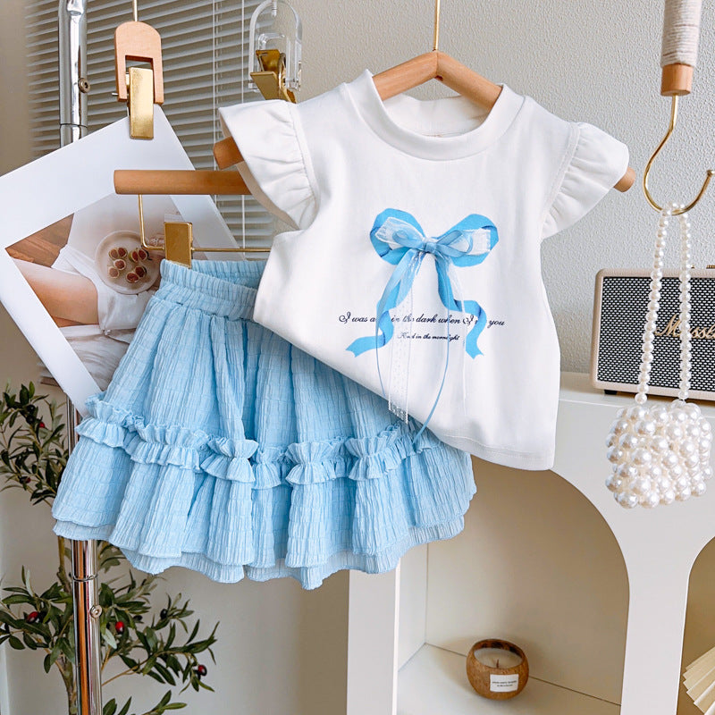 Girls Short Sleeve Bow Plaid Skirt Set