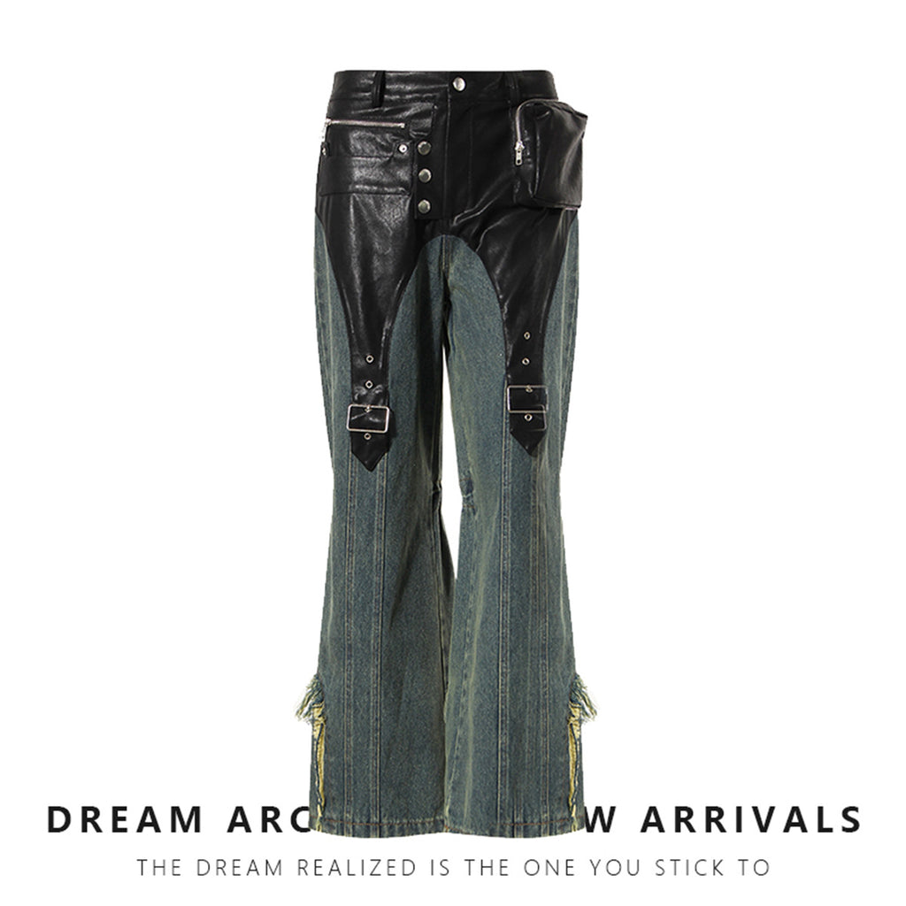 Men's Straight Workwear Pants with PU Leather Details