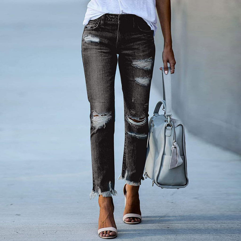 Women's Straight Ripped Denim Jeans