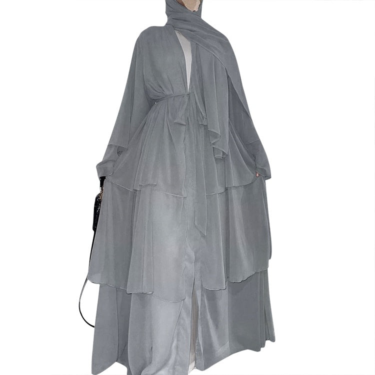 Stitching three-layer chiffon elegant cardigan dress robe
