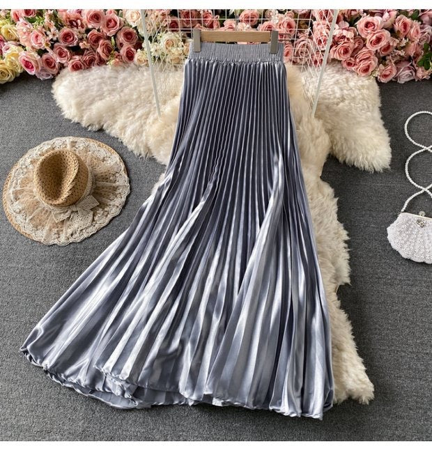 Satin Pleated Midi Skirt High Waist
