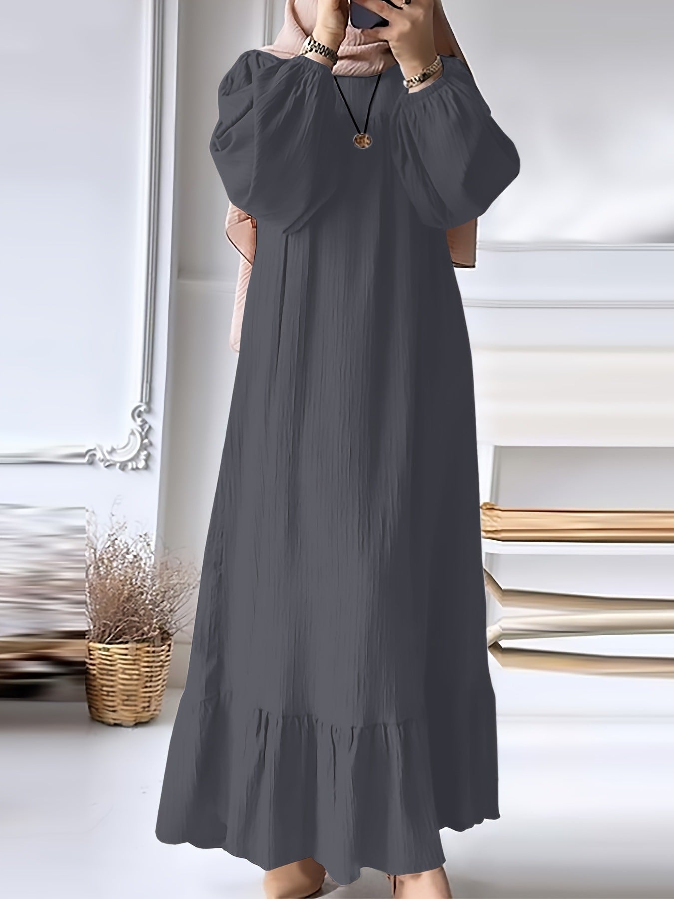 Women's Long Robe Dress with Puff Sleeves