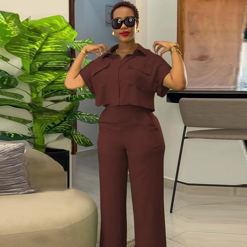 Casual Lapel Shirt and Wide-Leg Pants Suit