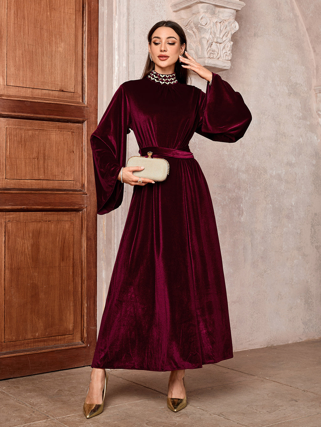 Embroidered trumpet sleeve dress