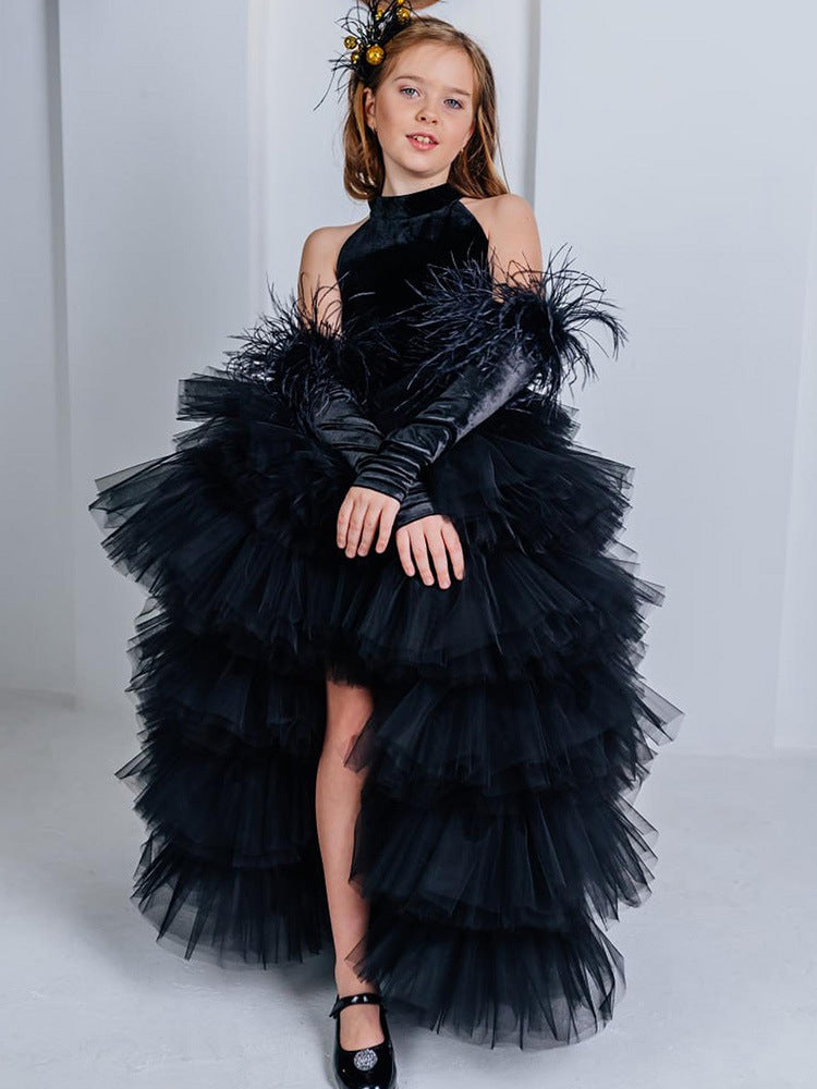 Black children's dress halter backless princess dress