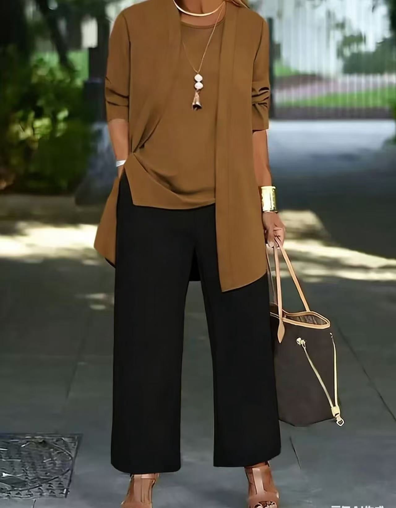 Women's Solid Color Casual Pants Suit - Three-Piece Set Top and Pants