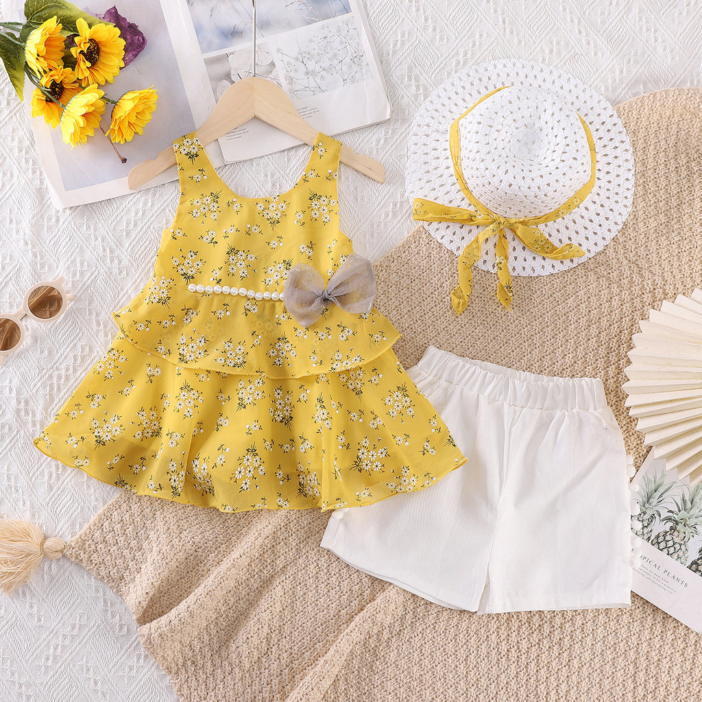 Girls' Floral Bow Pearl Chiffon Suspender Set with Hat