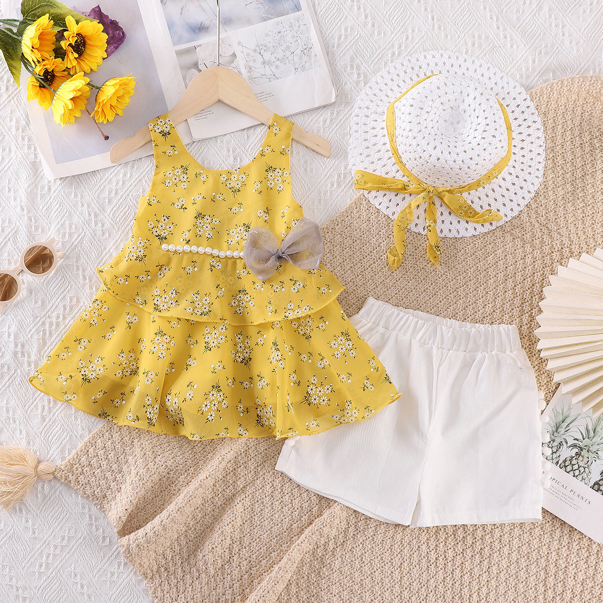 Girls' Floral Bow Pearl Chiffon Suspender Set with Hat
