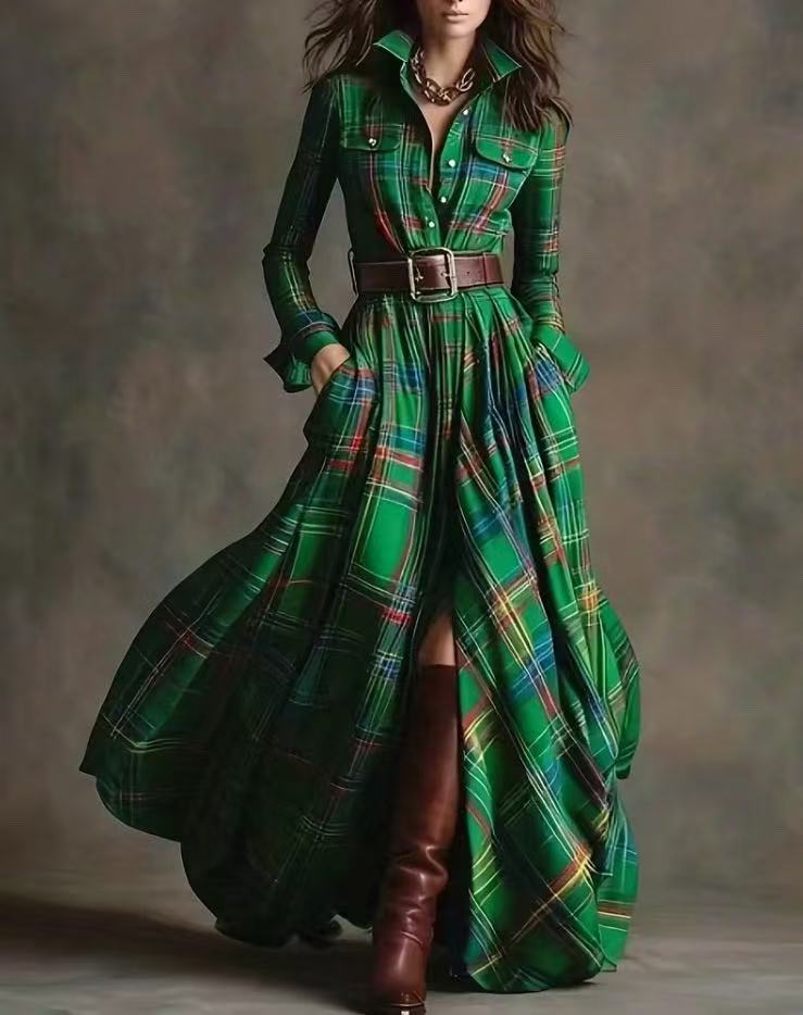 Retro plaid slimming asymmetrical dress