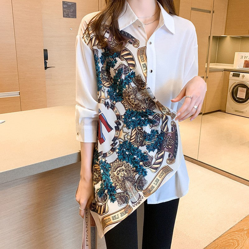 Retro Print Patchwork Long Sleeve Shirt