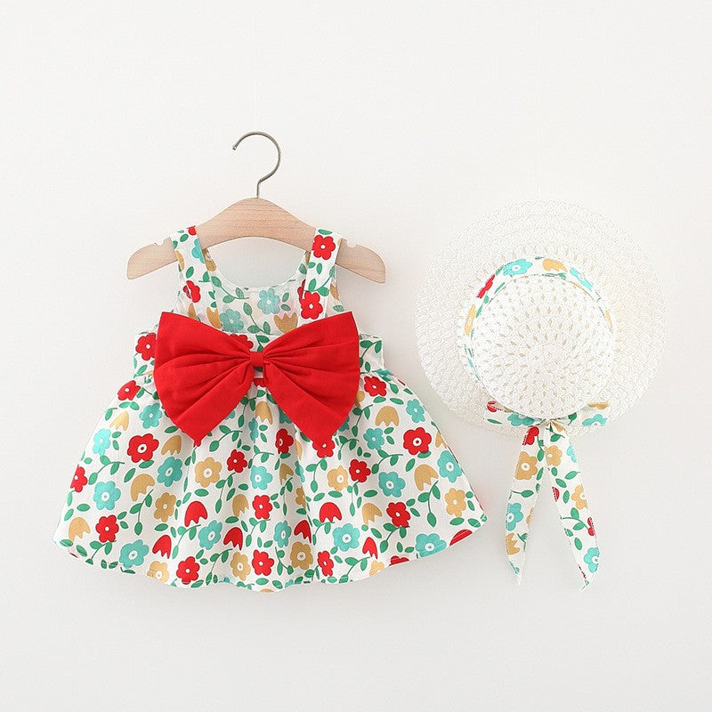 Girls' Summer Sleeveless Bow Dress with Hat
