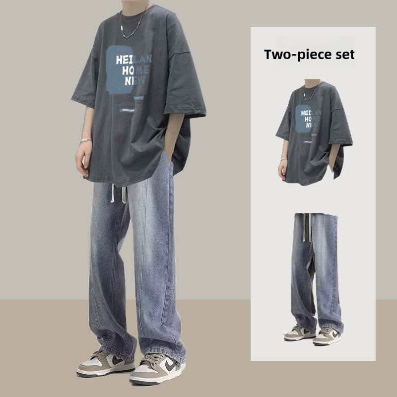 Short-sleeved T-shirt and straight-leg jeans set