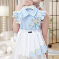 Girls' preppy floral pleated outfit - Two-piece set top and skirt