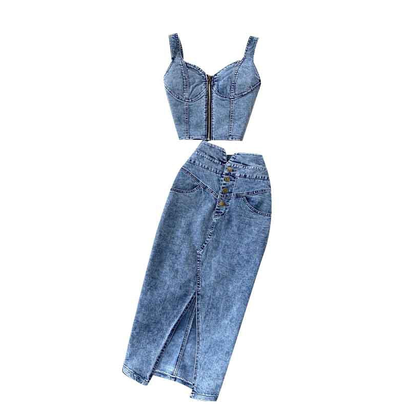 Women's Denim Camisole and High Waist Skirt Set