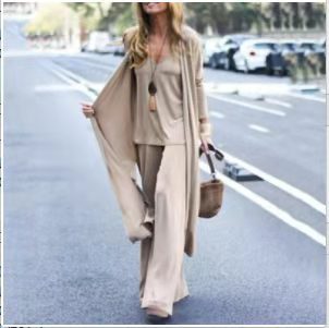 Women's Loose Fit Three-Piece Set - Camisole, Long Cardigan, and Straight-Leg Trousers