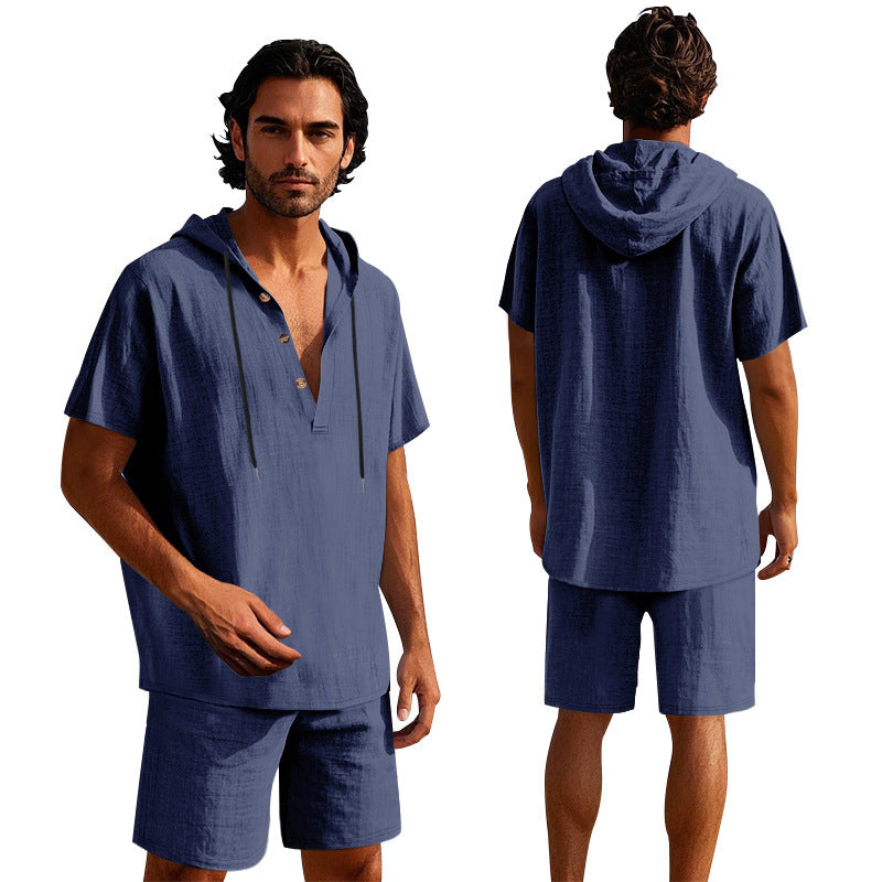 Men's Linen Hooded Shirt and Shorts