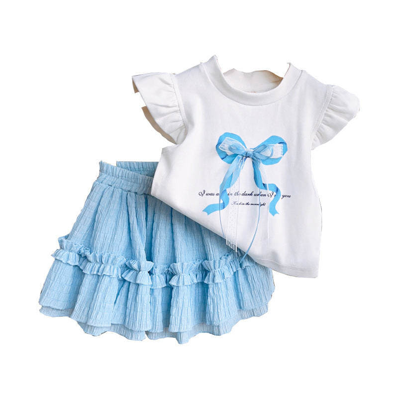 Girls Short Sleeve Bow Plaid Skirt Set