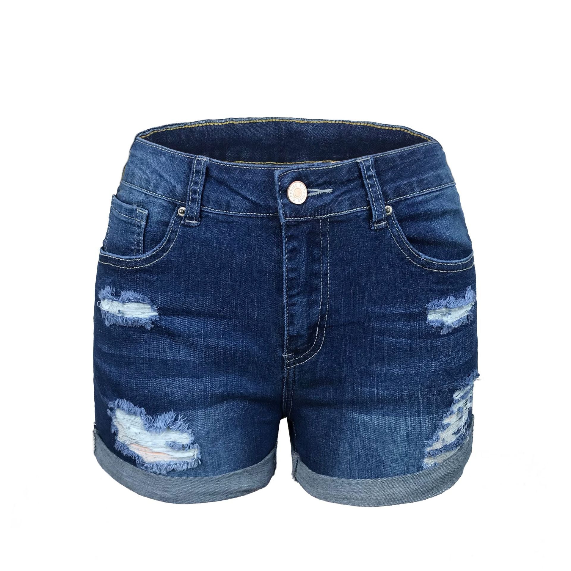 Women's Elastic Mid-Waist Distressed Denim Shorts