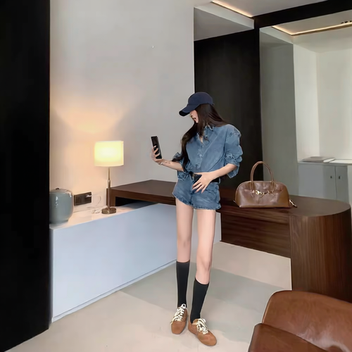 Fashion Retro Denim Shirt and Shorts Set