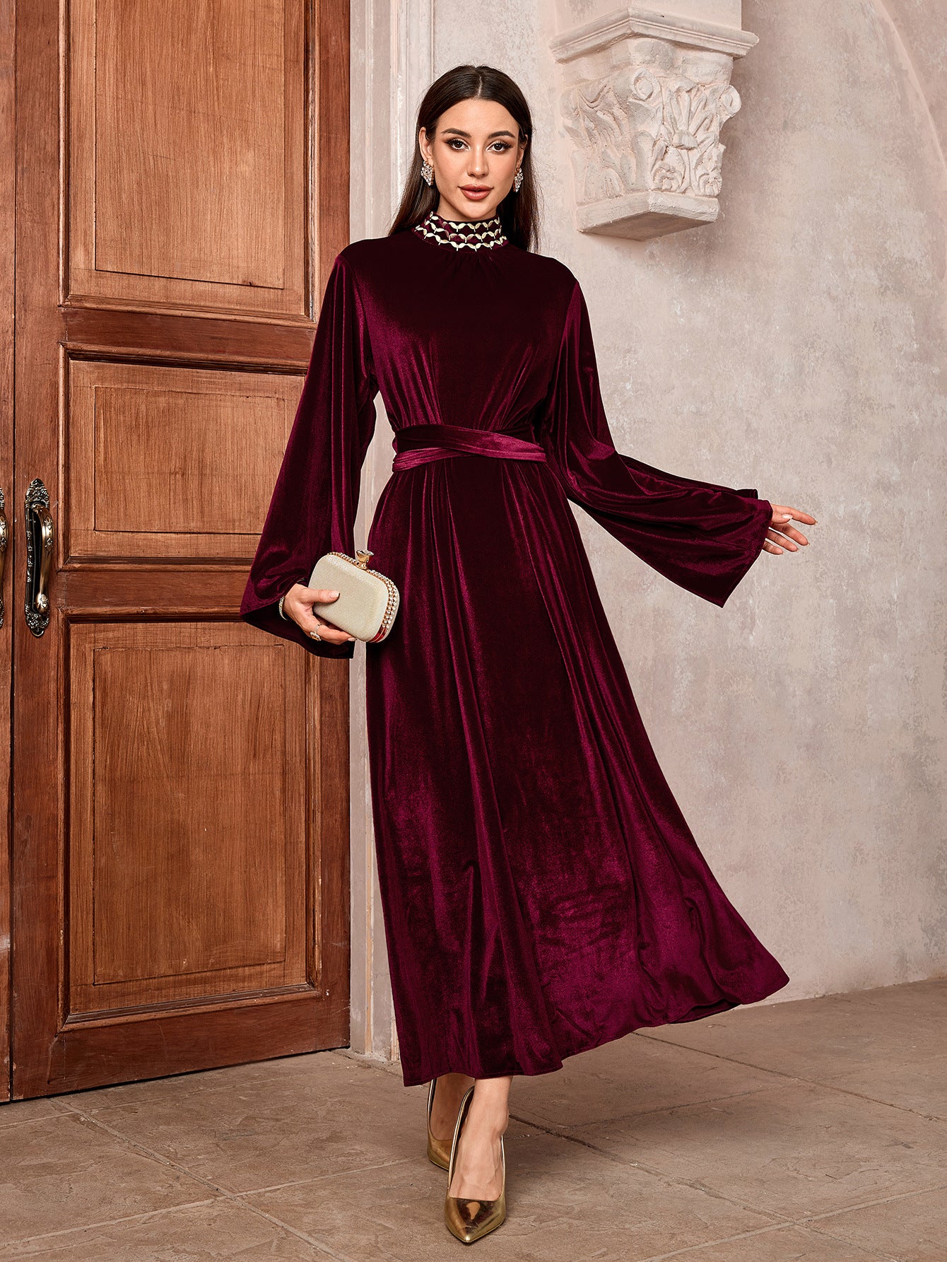 Embroidered trumpet sleeve dress
