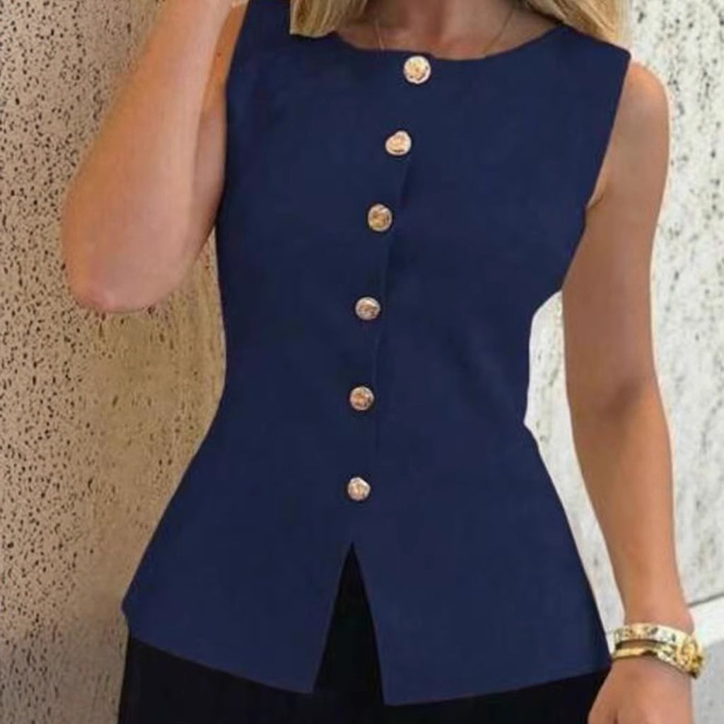 Round-neck sleeveless knitted cardigan