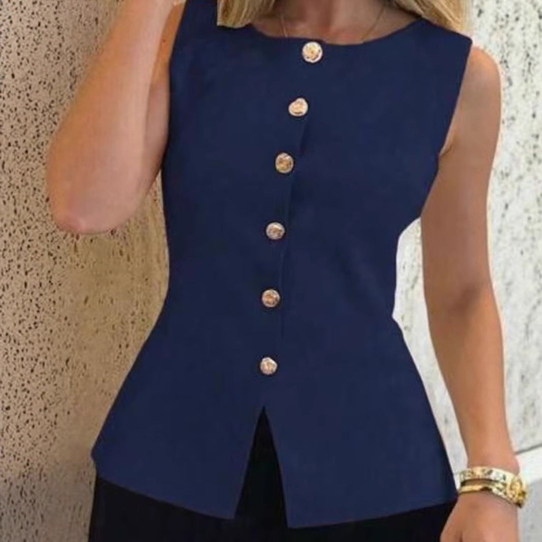 Round-neck sleeveless knitted cardigan