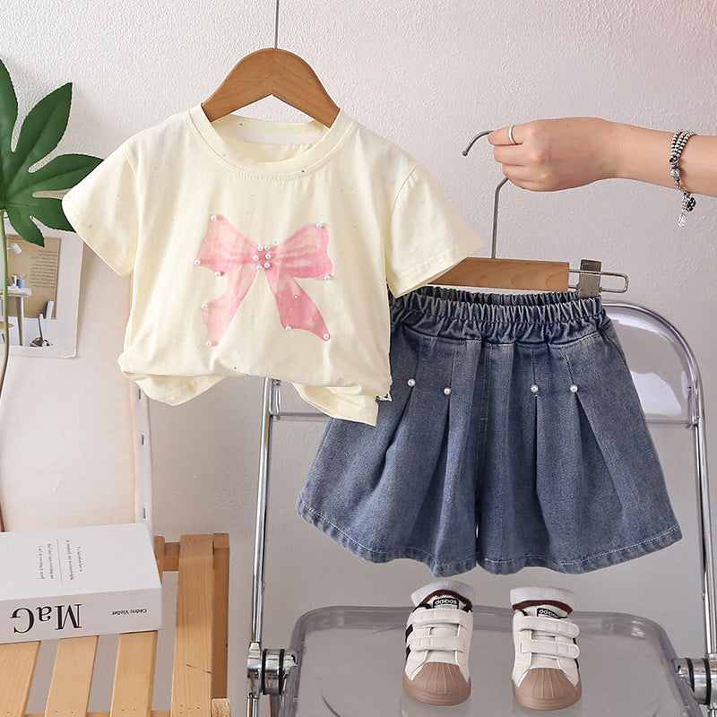 Girls' Short Sleeve Two-Piece Set with Bow