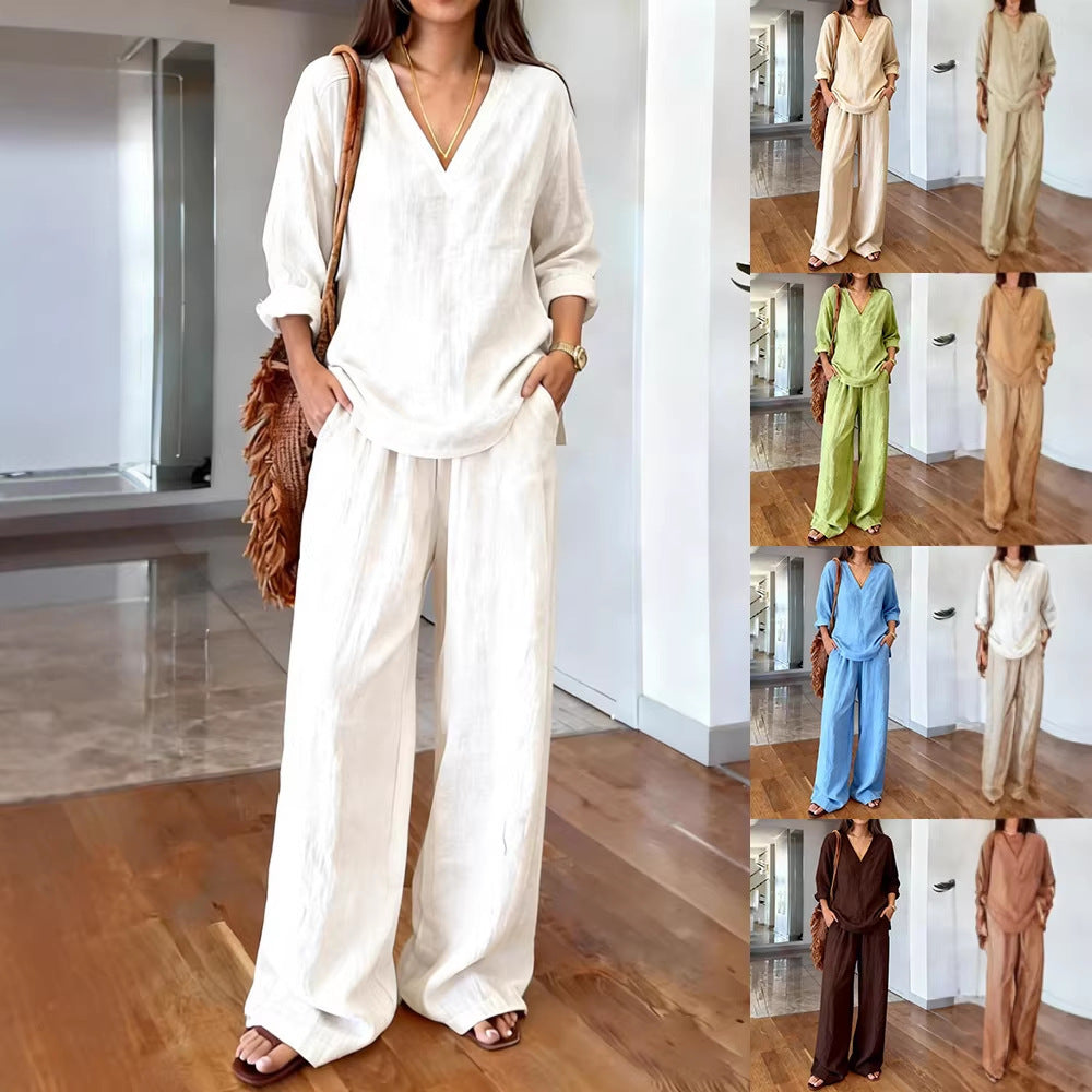 Women's Casual Long Sleeve V-Neck Cotton Set