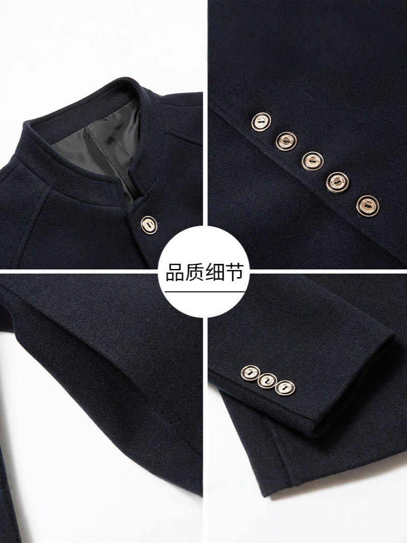 Autumn and winter men's casual slim-fit stand-collar Zhongshan suit wool coat, men's solid color wool overcoat