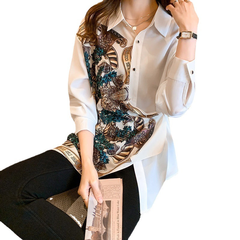 Retro Print Patchwork Long Sleeve Shirt