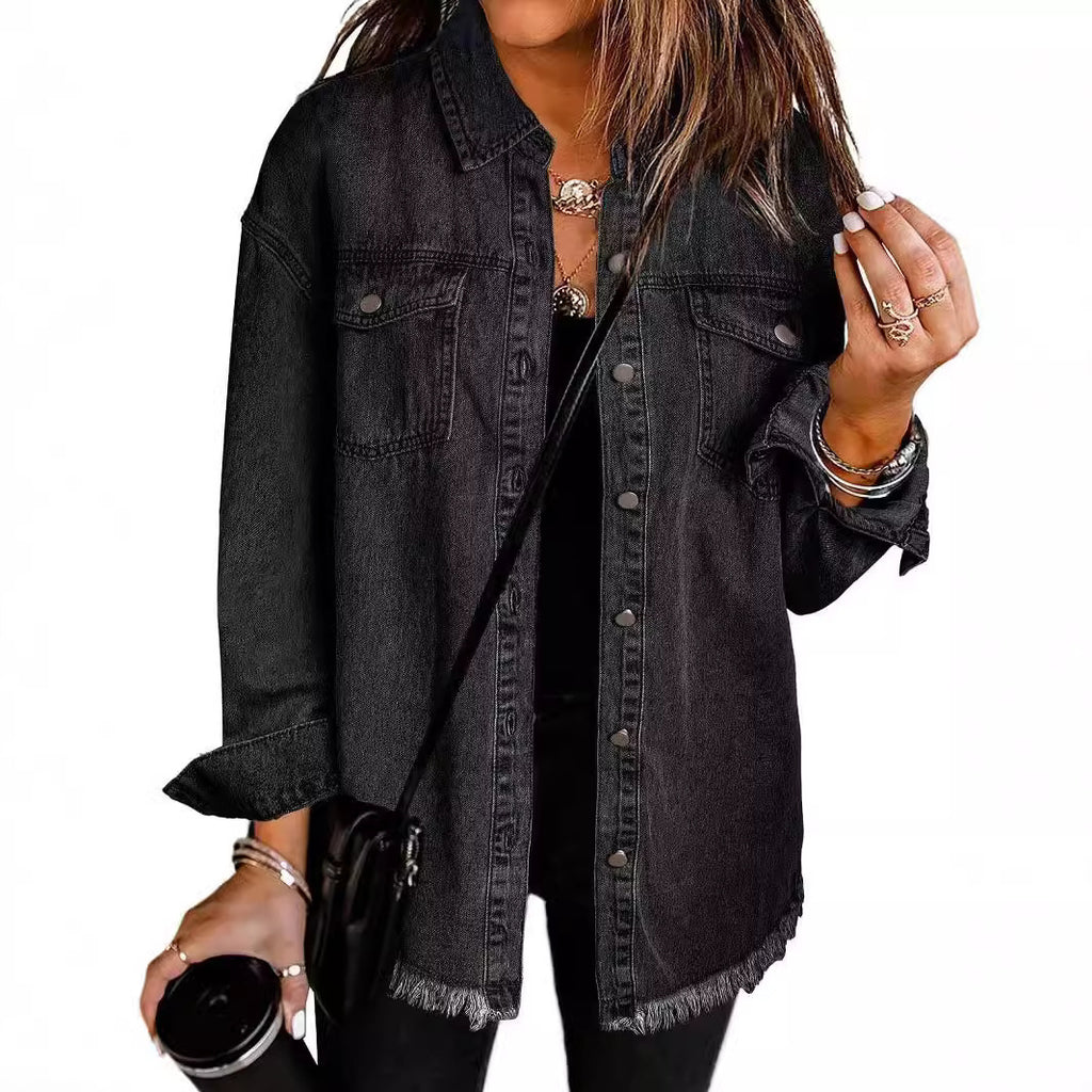 Washed Denim Shirt Jacket with Frayed Hem