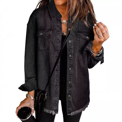 Washed Denim Shirt Jacket with Frayed Hem