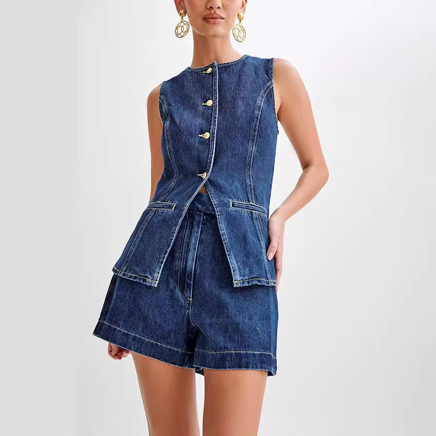 Women's Denim Sleeveless Top and Shorts Set
