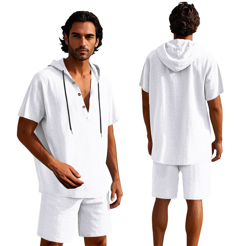 Men's Linen Hooded Shirt and Shorts