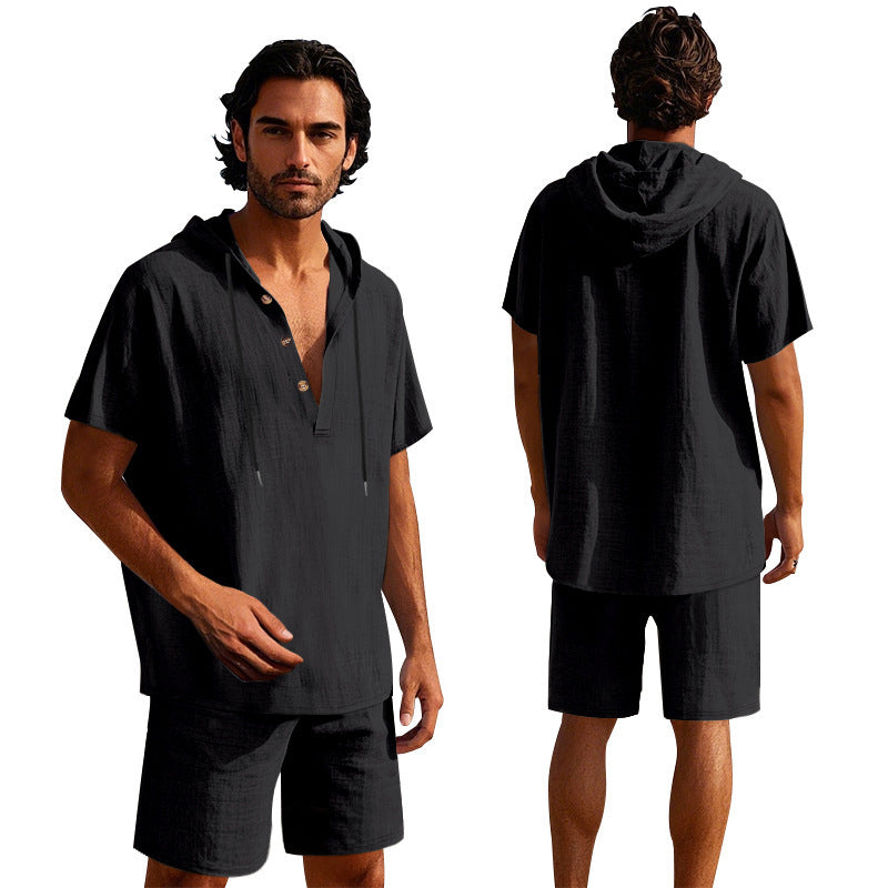 Men's Linen Hooded Shirt and Shorts