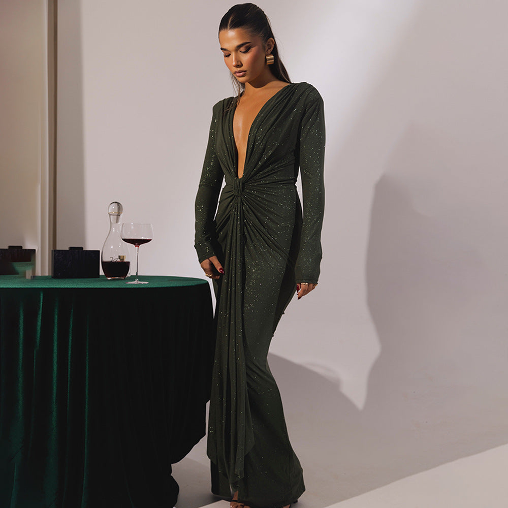 Cross-border Autumn and Winter Sexy Deep V-neck Sequin Strap Dress Dress Elegant Long-sleeve Split Slim-fit dress Party