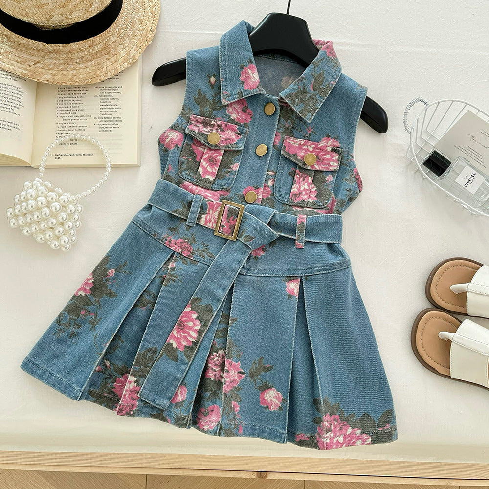 Girl's Sleeveless Floral Print Denim Dress