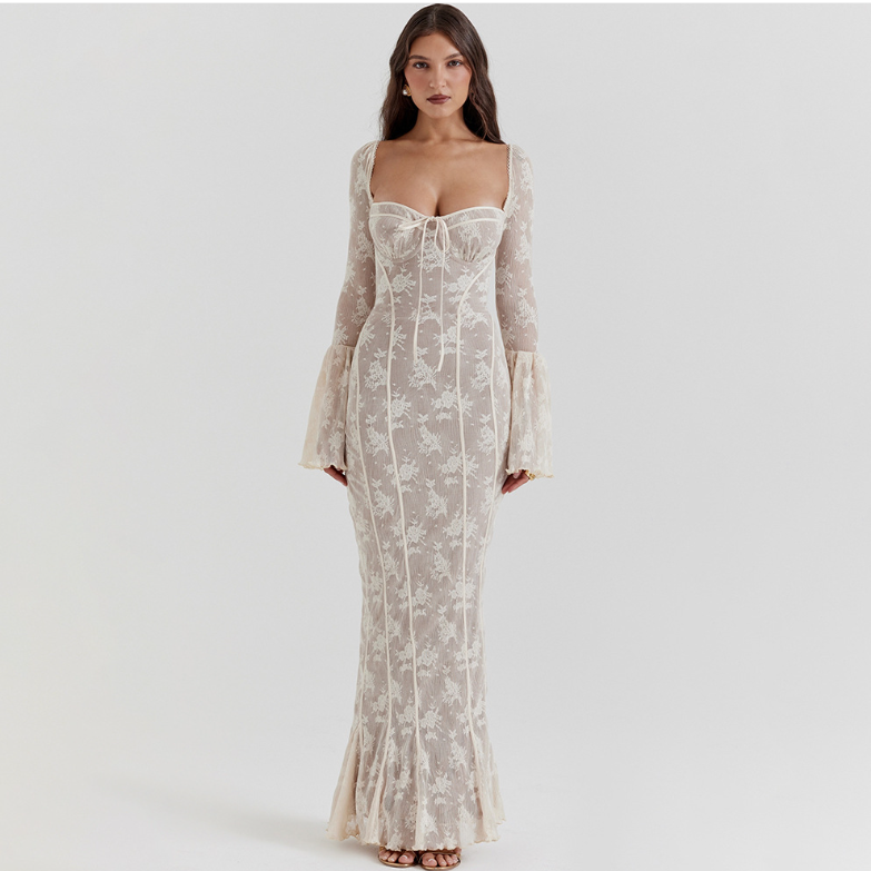 Bell Sleeve Lace Backless Dress