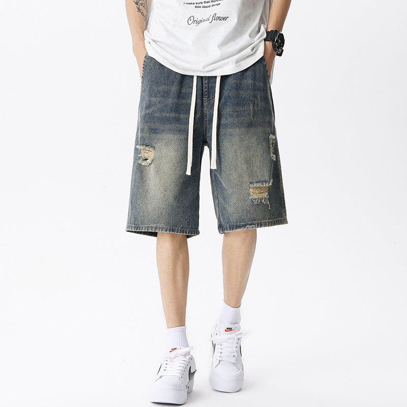 Men's Vintage Blue Denim Shorts with Ripped Details