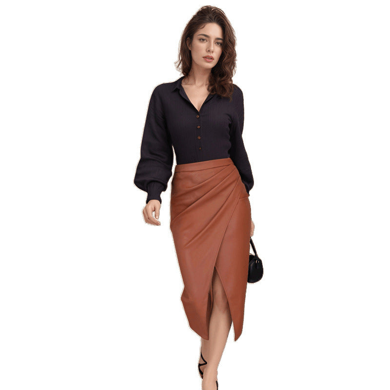 Women's High-Waisted PU Leather Bodycon Skirt with Side Slit