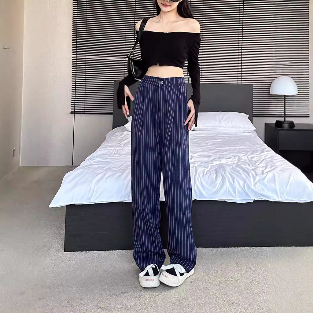 Slimming and flowing striped straight-leg suit pants