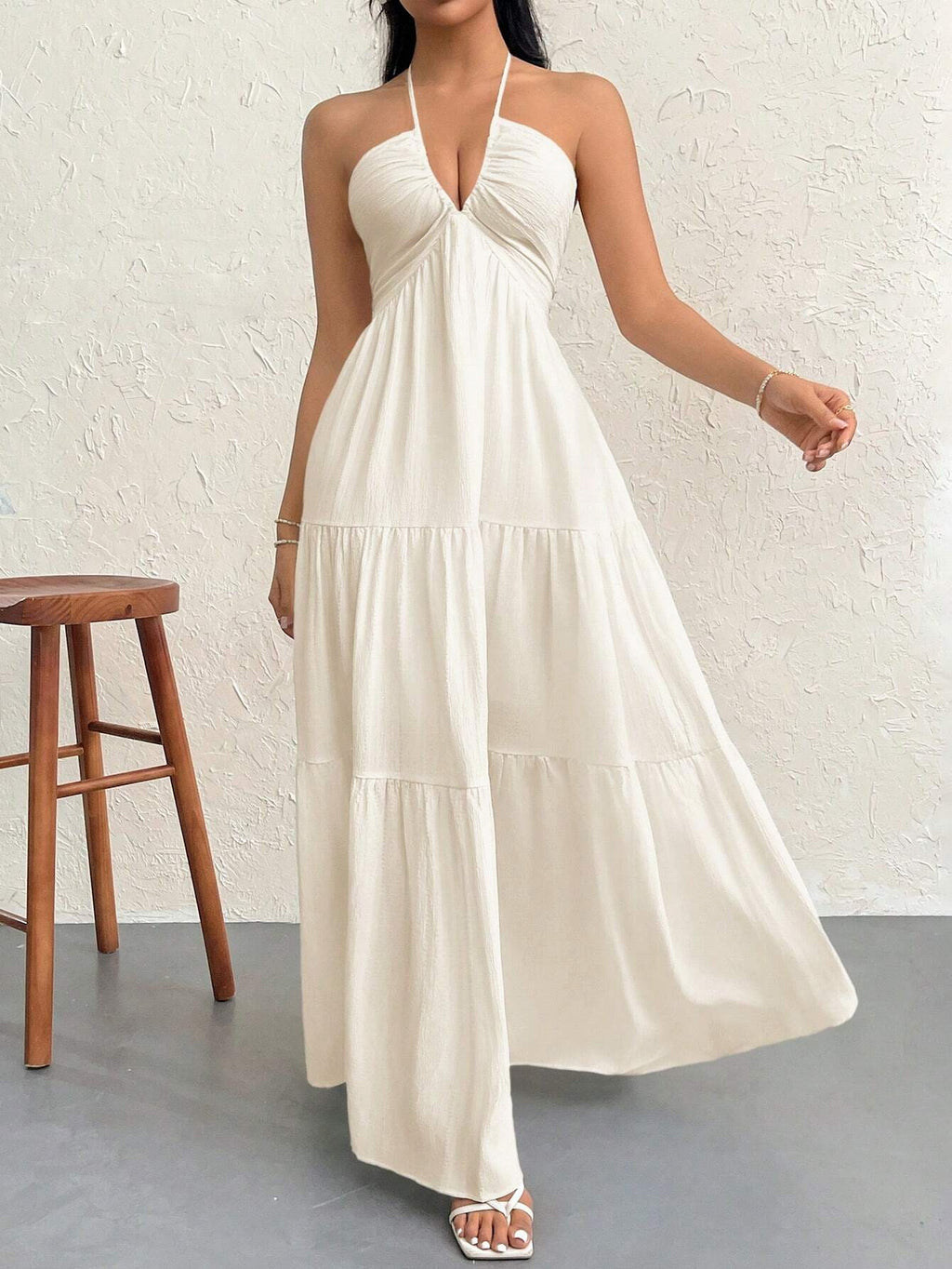 White Pleated V-Neck Dress